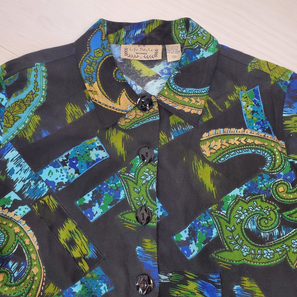 Life Style Woman Black Paisley Geometric Cotton Button Down Shirt 2X Hippie Boho